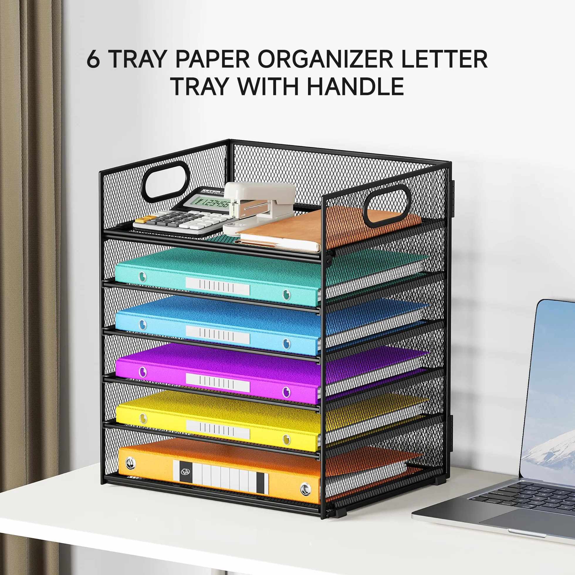 VITVITI 6 Niveaux Organisateur de Bureau Maille Métallique, Rangement de Papier avec Poignée, Noir