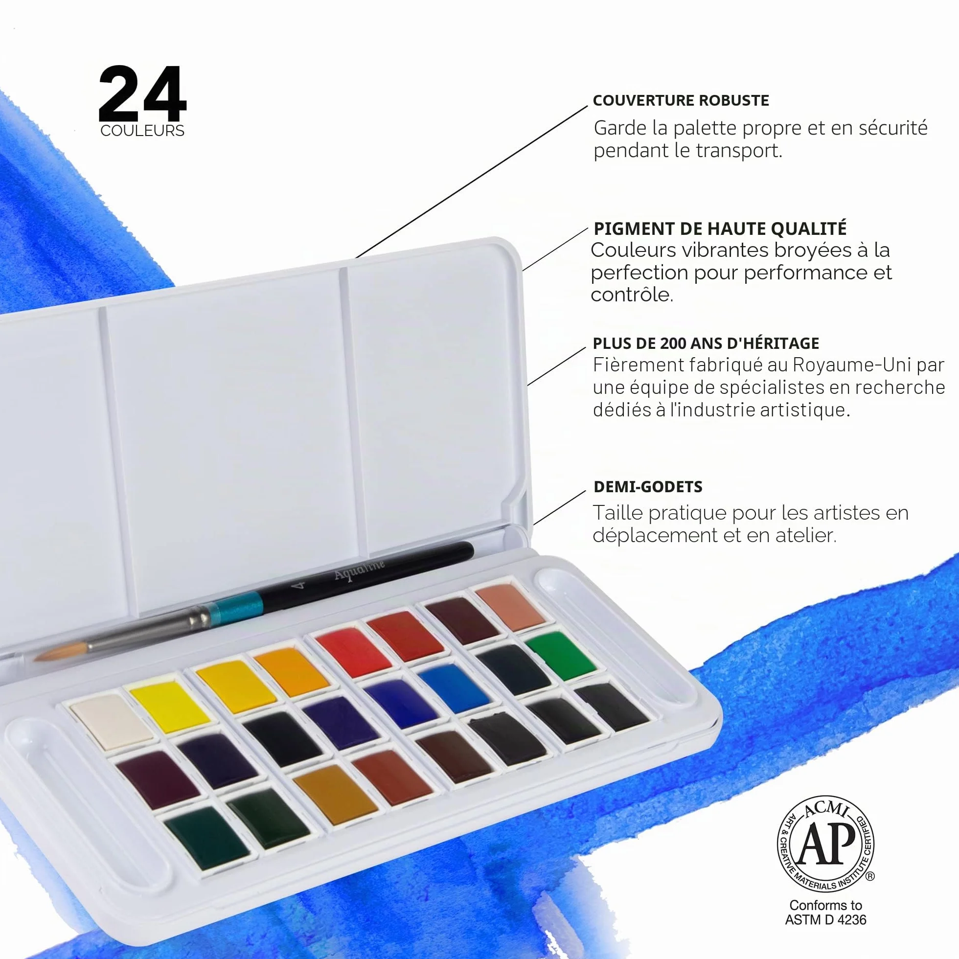 Daler Rowney Aquafine Set de Voyage Peinture Aquarelle 24 Demi-Godets 1 Pinceau