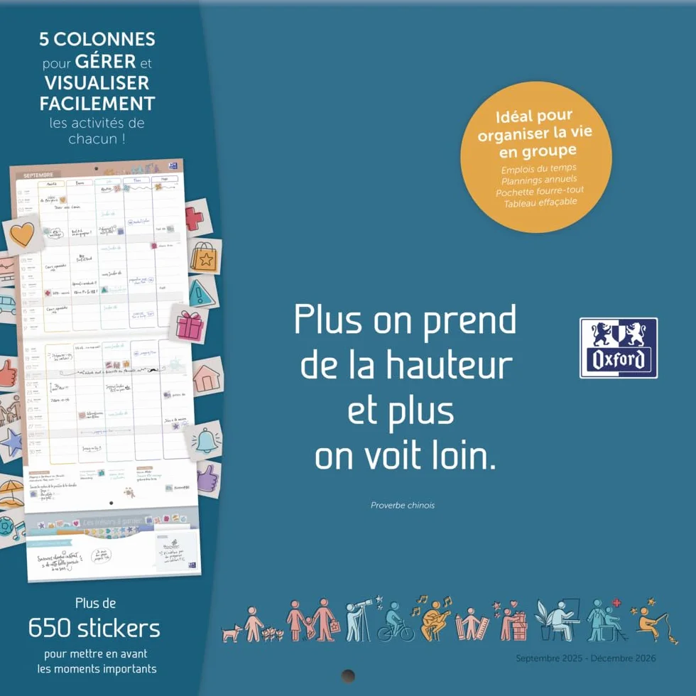 Calendrier Oxford Famille Scolaire 16 Mois 30x30cm 2025-2026 Bleu