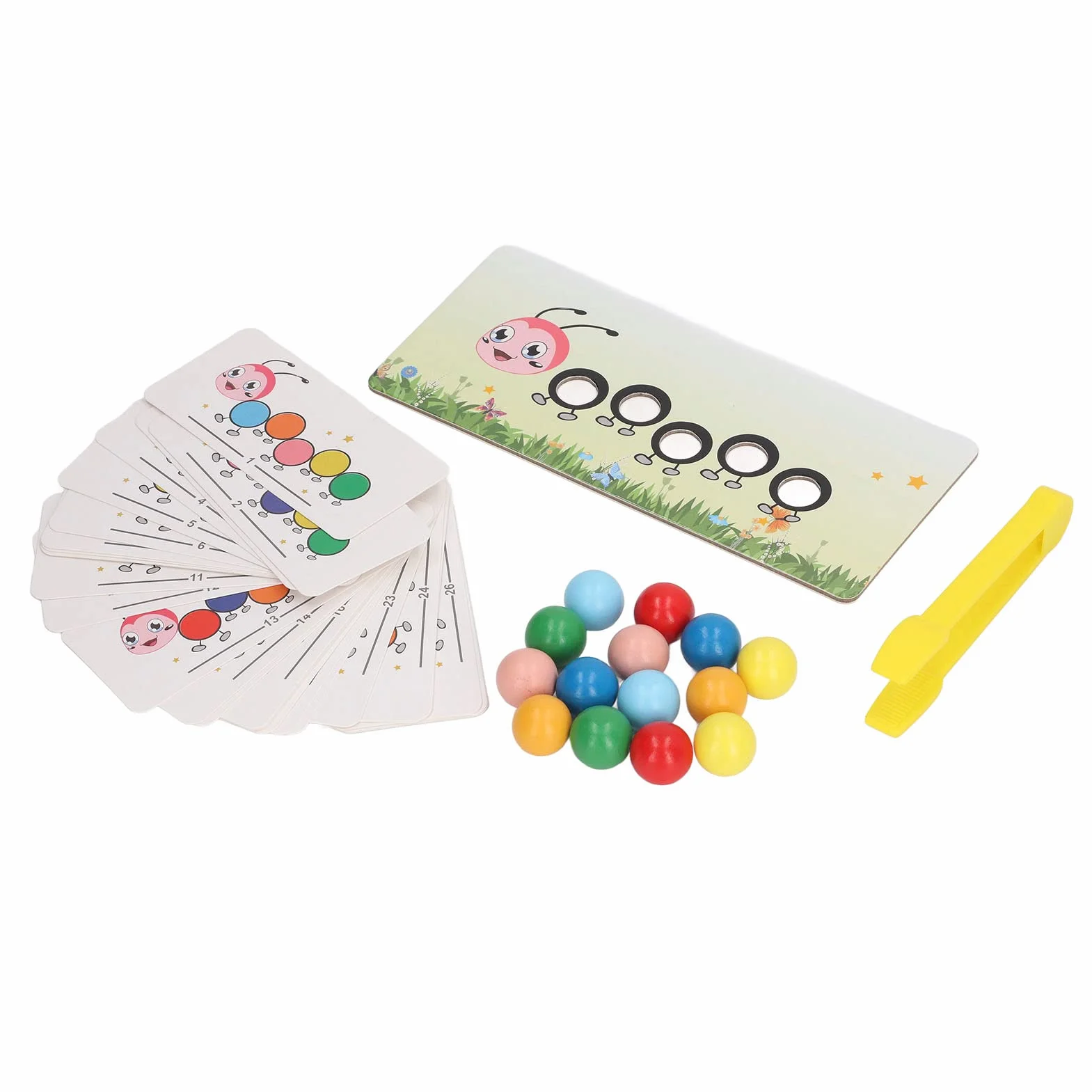 Jouet de Perles à Clip de Chenille en Bois, Exercice de Coordination œil-Main, tri des Couleurs avec Cartes de Pratique et boîte de Rangement pour Enfants
