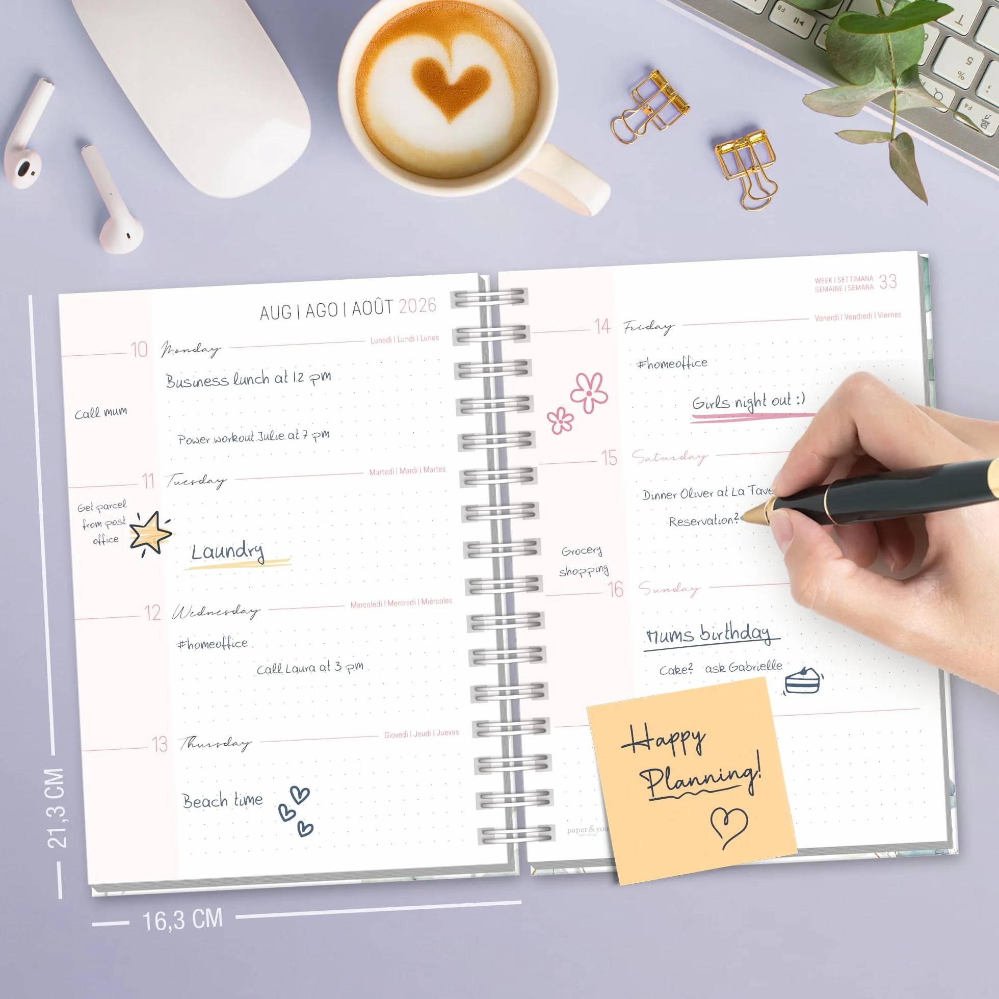 Häfft® Calendrier international 2026 A5 Feuille d´or reliure spirale EN/FR/IT/ES agenda personnel life planner durable