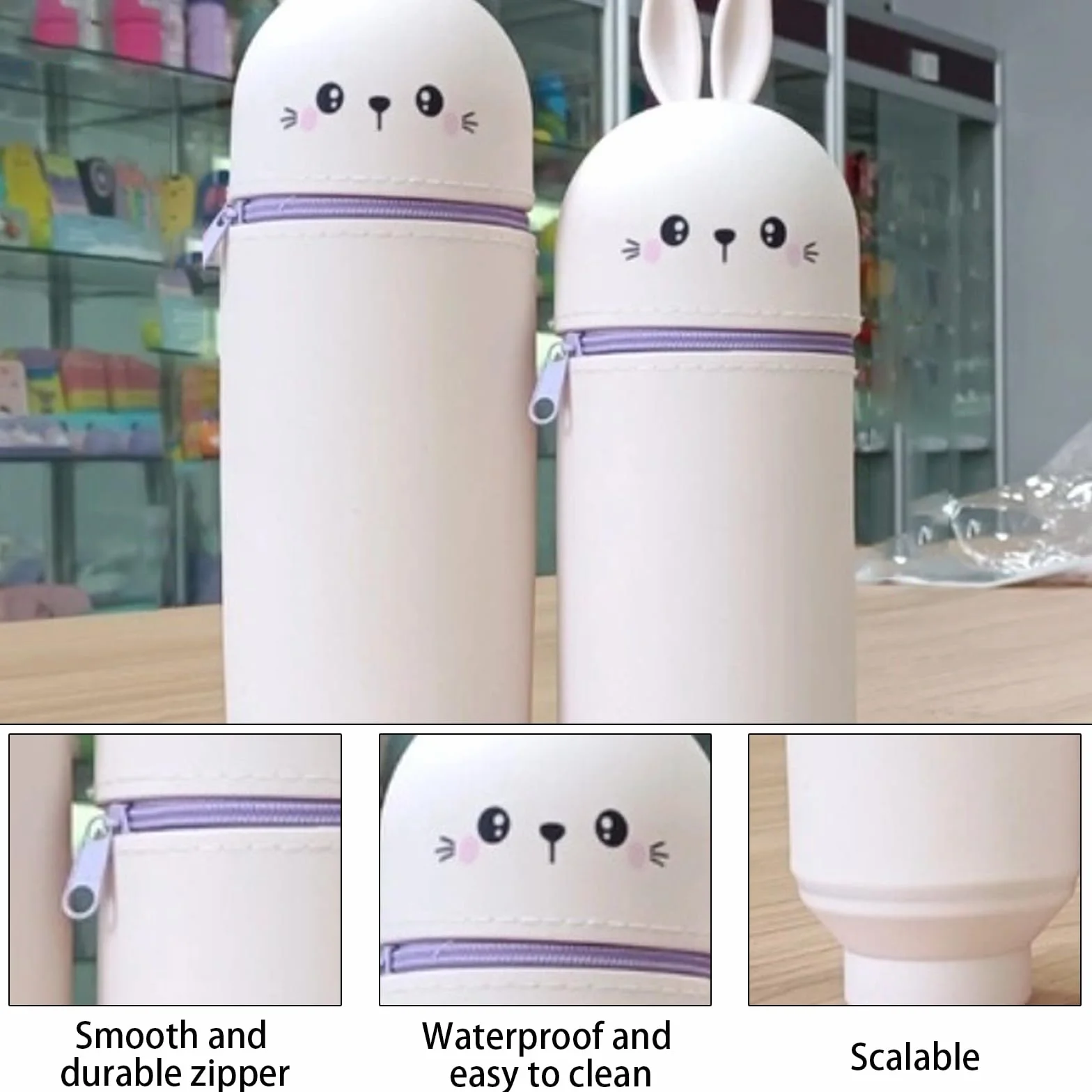 Trousse Ecole Silicone Souple Kawaii Lapin Pochette Stylo Verticale Rétractable Sac Rangement Papeterie
