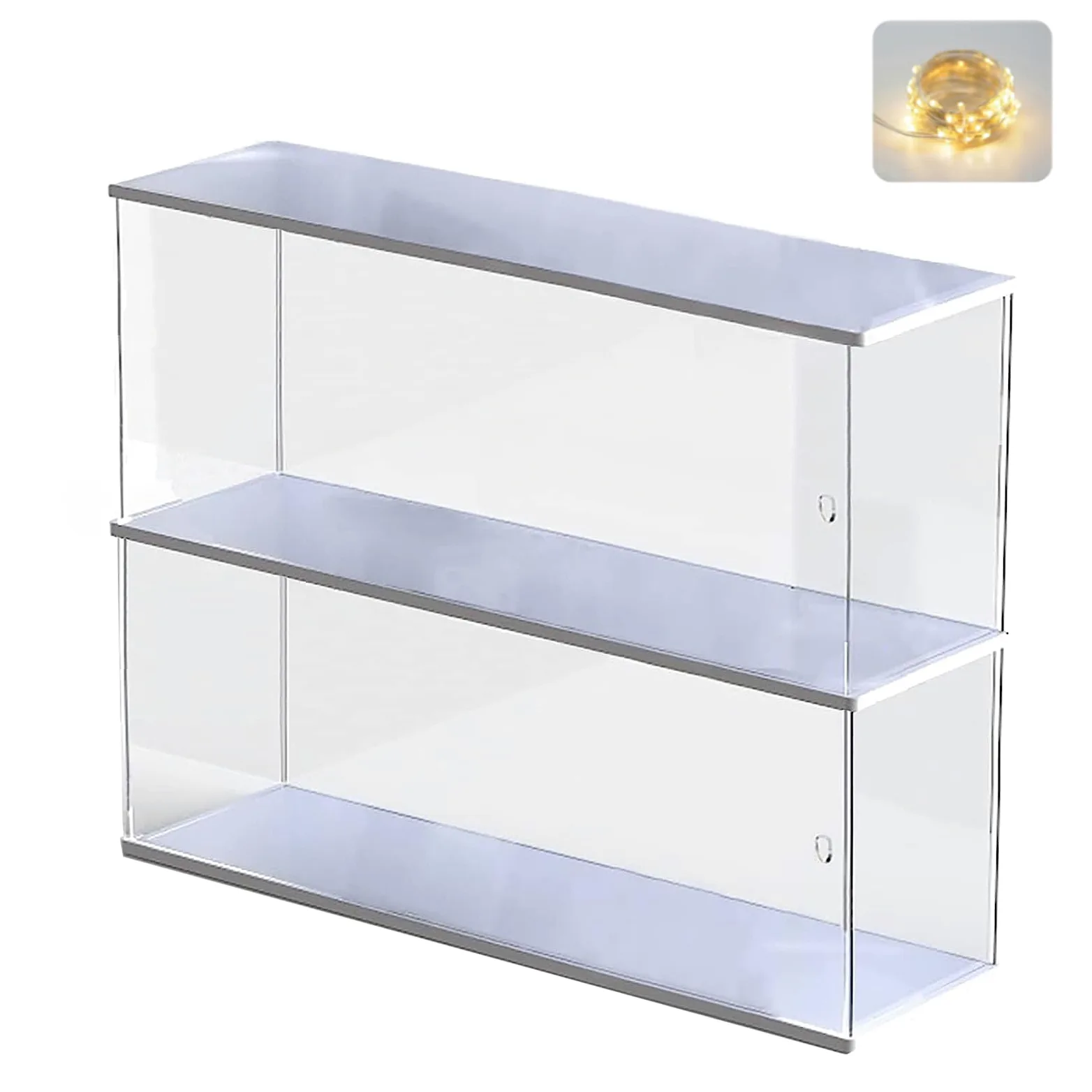 Vitrine Acrylique pour Funko Pop Figurine 11.5cm, Présentoir deux Éages Vitrine Acrylique Boîte Plexiglas Transparente pour Popmart Voitures Collection 1/32 1/43 Miniatures, Base Blanc 39.5x9.6x27.5cm