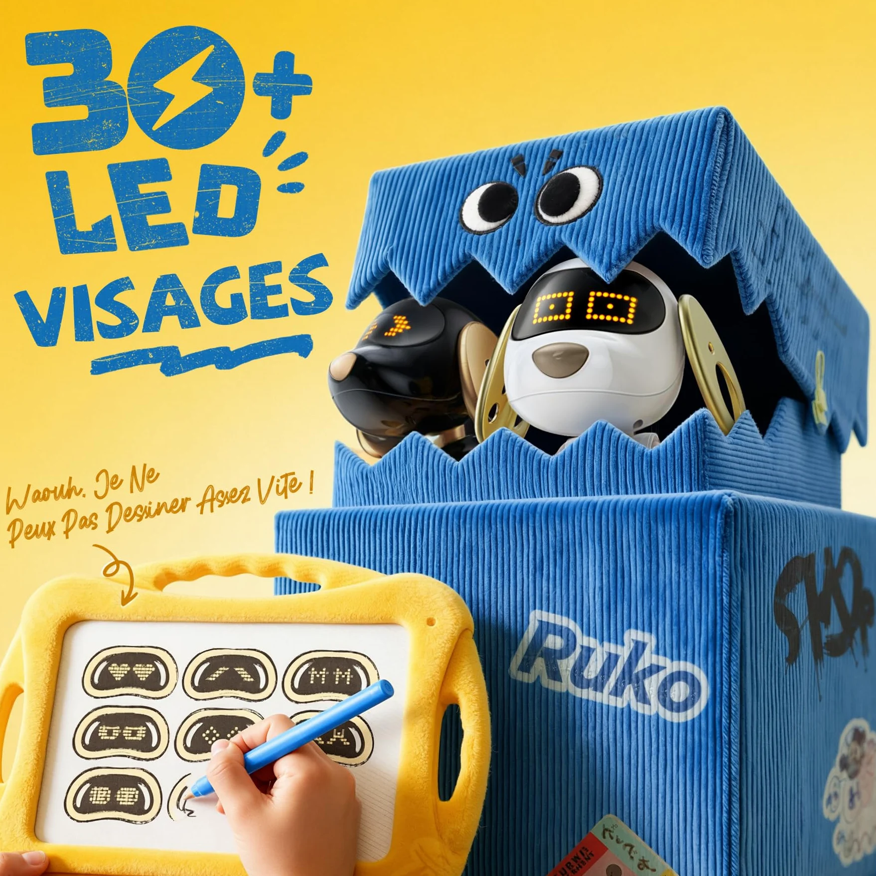 Ruko 18011 Chien Robot Intelligent Interactif avec Visages LED, Blanc Or | 50 mouvements programmables, contrôle gestuel et télécommande 2.4GHz, détection d’obstacles, jeu interactif, jouet dès 3 ans