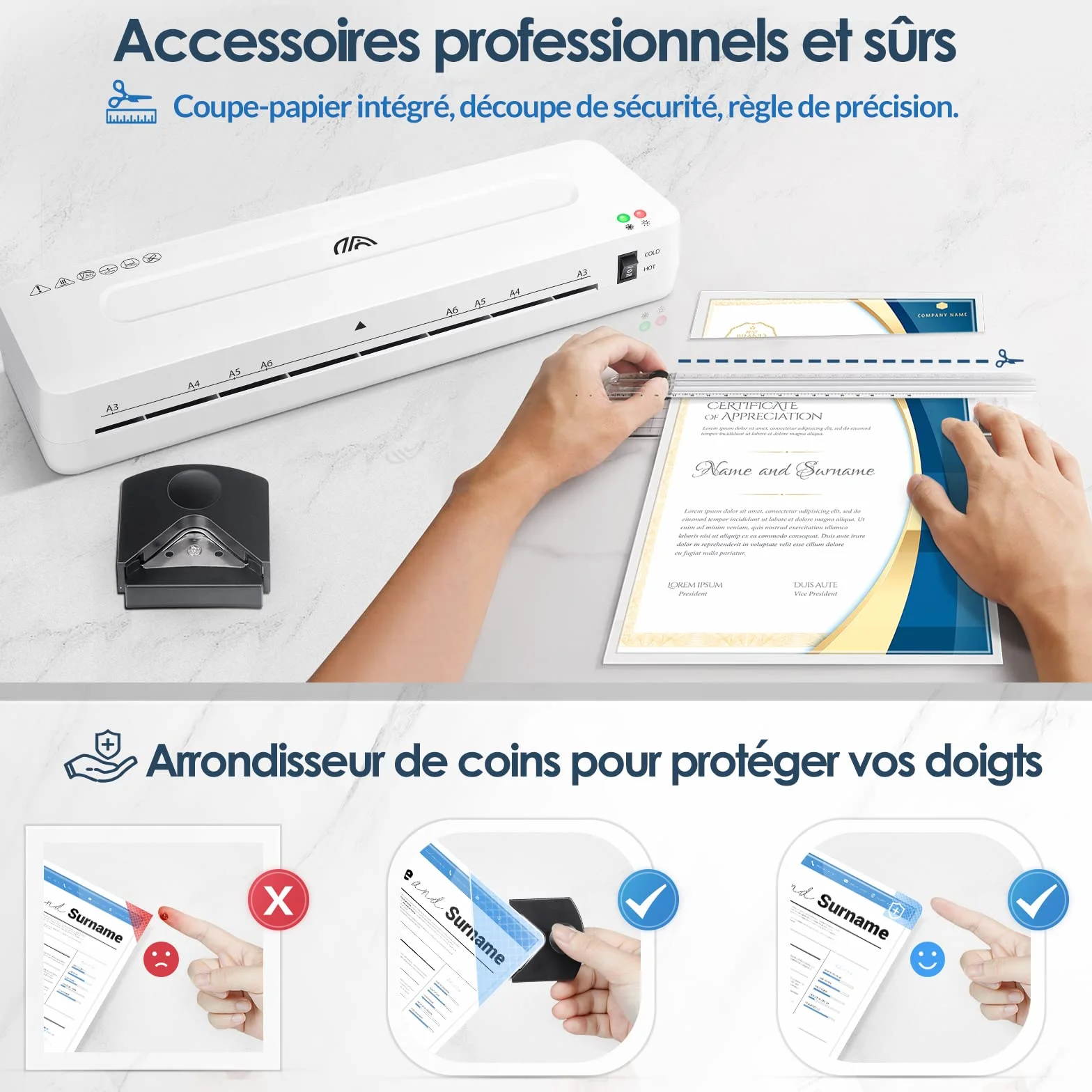 Plastifieuse A3/A4/A5/A6 Thermique et à Froid 6 en 1 avec Coupe-papier et Arrondisseur d'angle