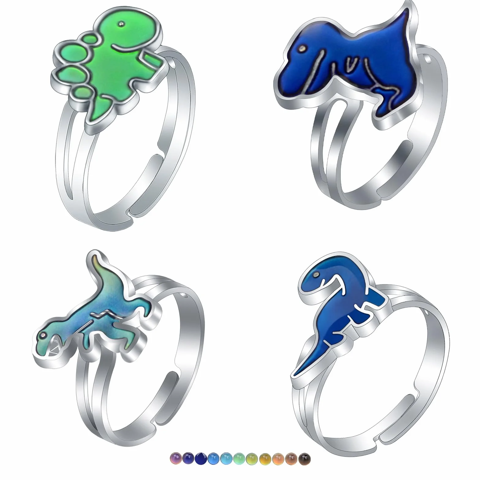 Bagues dinosaures d'humeur, bagues à changement de couleur réglables, jeu de 4