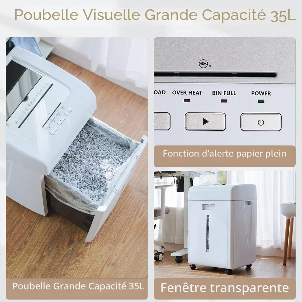 Kalopsia Destructeur de Document Automatique 200 Feuilles Broyeur Papier Micro Coupe 60 Mins Sécurité P5 Carte de Crédit CD Agrafe Bac 35 L