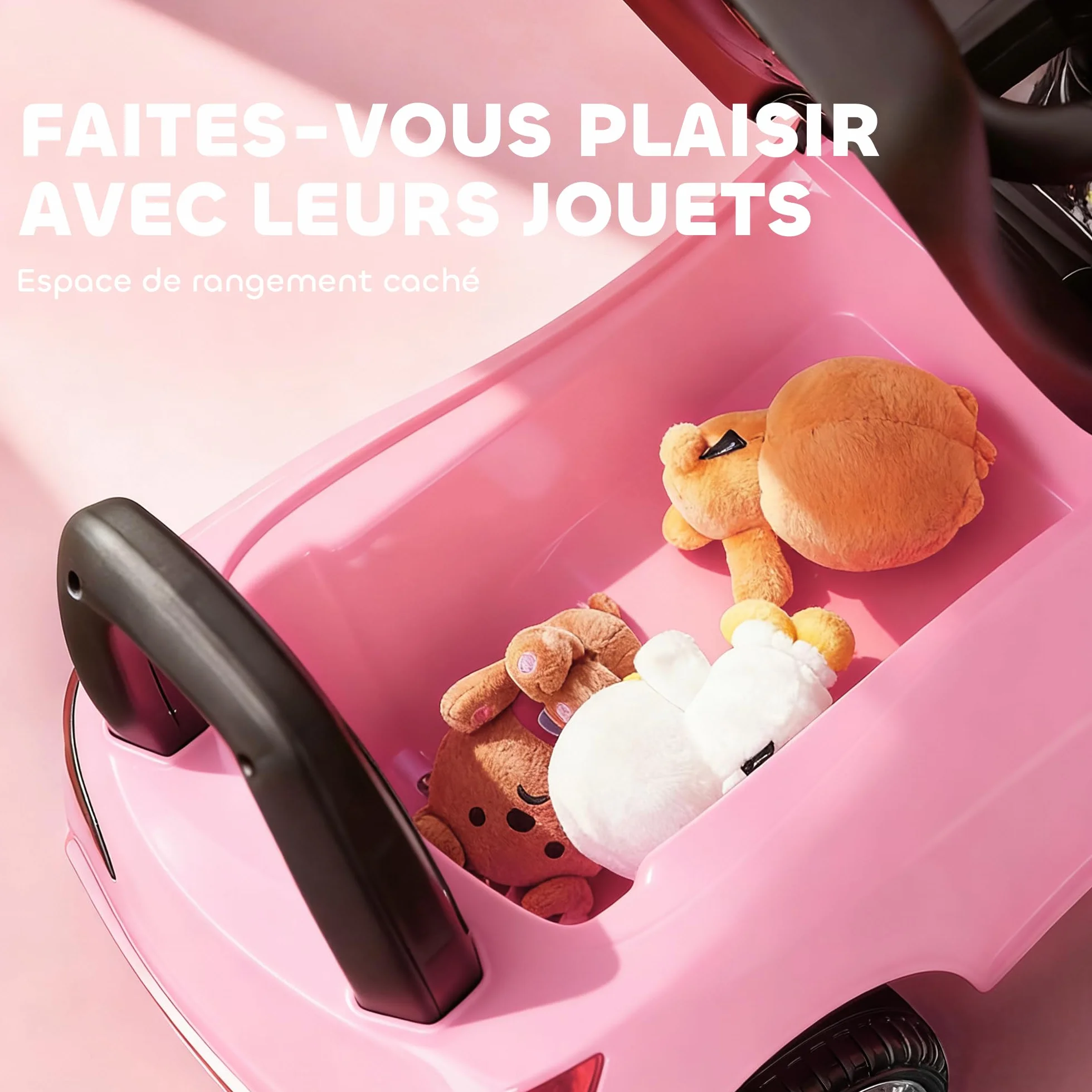 HOMCOM Voiture à Pousser Enfants avec Coffre à Jouets, Klaxon, Phares, Musique, 18-36 Mois, Rose