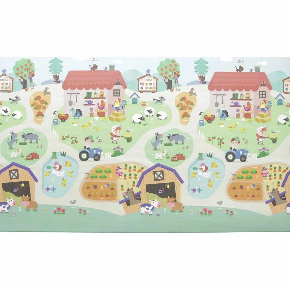 Dwinguler Tapis de jeu pour bébé - Motif maison de ferme - Large 230 cm x 140 cm x 15 mm - Réversible, doux, sans substances nocives, imperméable, antidérapant, certifié CE