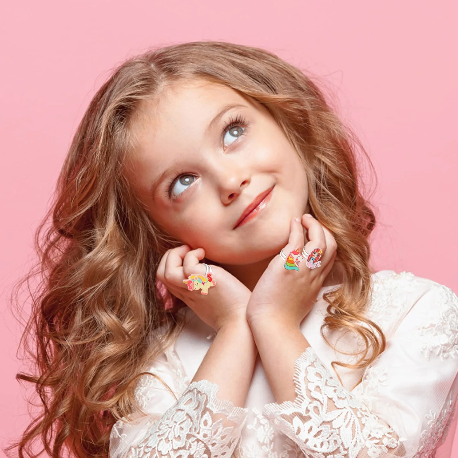 HIFOT 16 Pièces Bagues Réglables pour Enfants avec Boîte Coeur Rose, Kit Bijoux Princesse