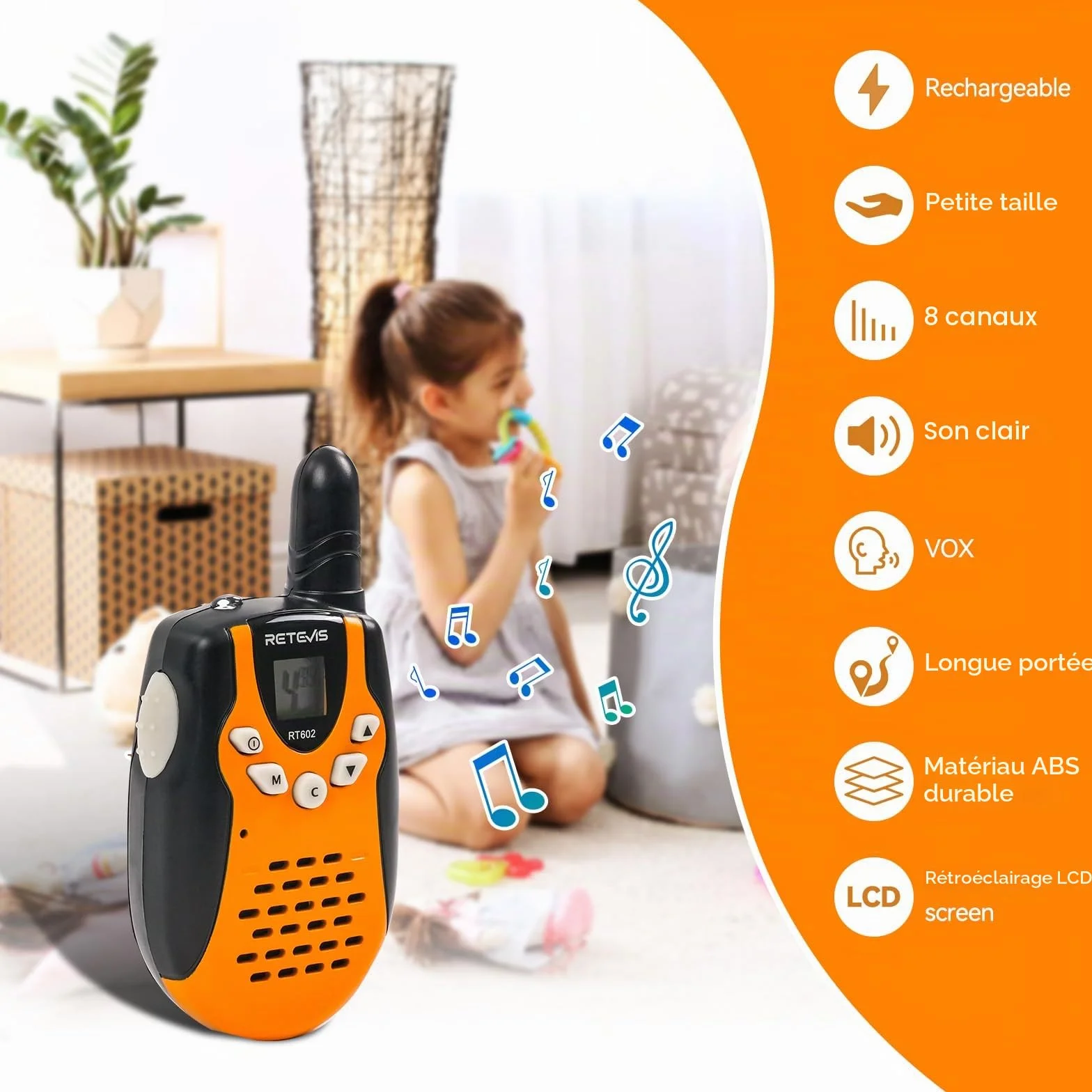 Retevis RT602 Talkie Walkie Enfant Rechargeable avec Base de Chargement et Batterie Li-Ion, Lampe Poche, Cadeau Camping Aventure (1 Paire, Orange)