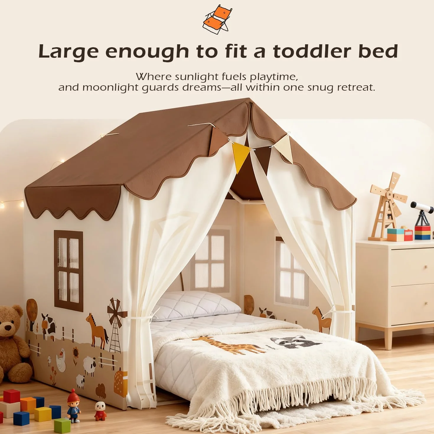 EagleStone Tente de Jeu pour Enfants avec Guirlandes et Tapis Moelleux, Intérieur, Cabane Lit-Tente, Coin Douillet, Beige