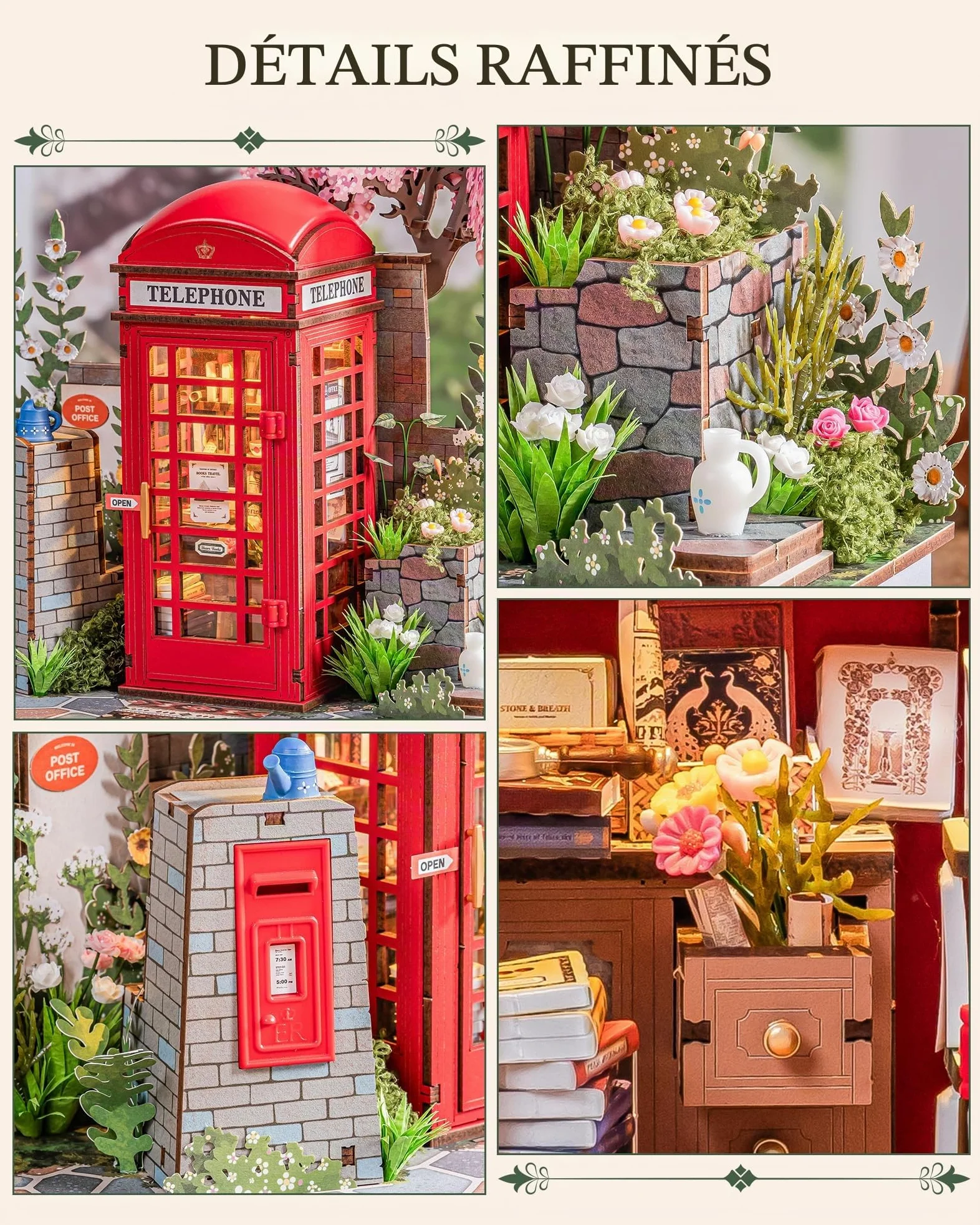 Rolife Puzzle 3D en Bois Cabine Téléphonique Rouge de Londres Maquette pour Adultes à Construire Blossom Kiosque à Livres Jeu de Construction avec Éclairage LED Décoration Intérieure Cadeau Créative