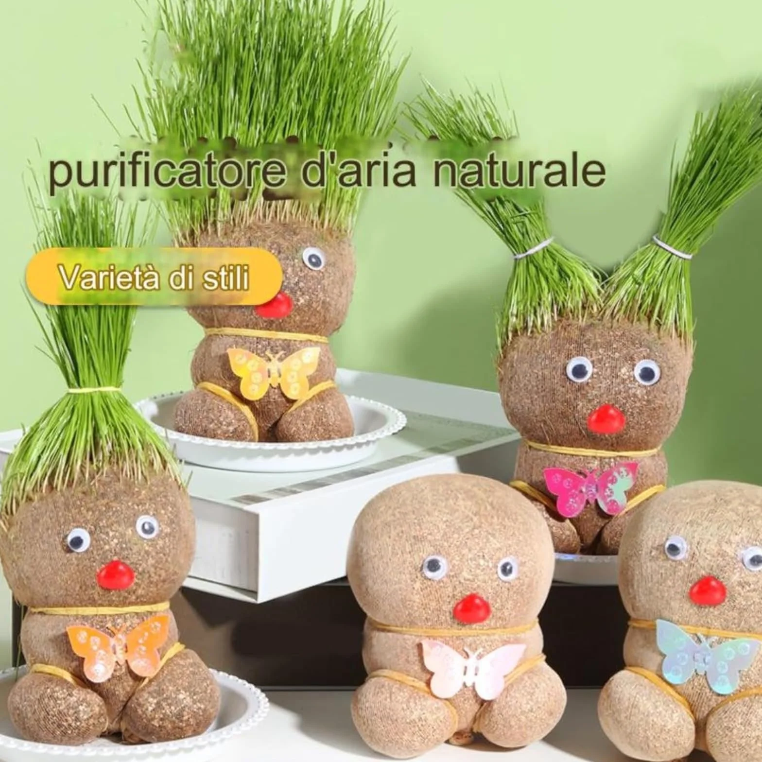 Mini Bonsaï Répulsif pour Moustiques Plante Poupée Tête d'Herbe avec Plateau 3 Pièces