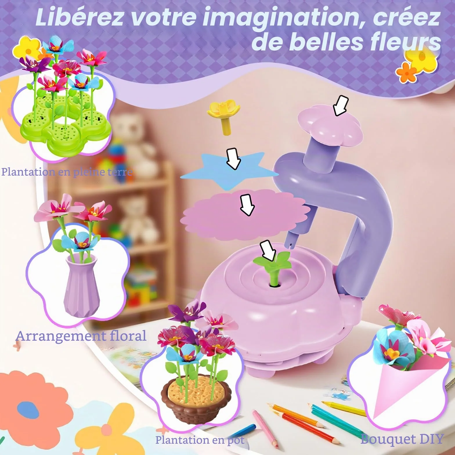 Kssvzz Activité Manuelle Fille, Jouet Enfant 4-10 Ans, Création Bouquet de Fleurs avec Machine à Fleurs, DIY Cadeau Bricolage 3 Ans+