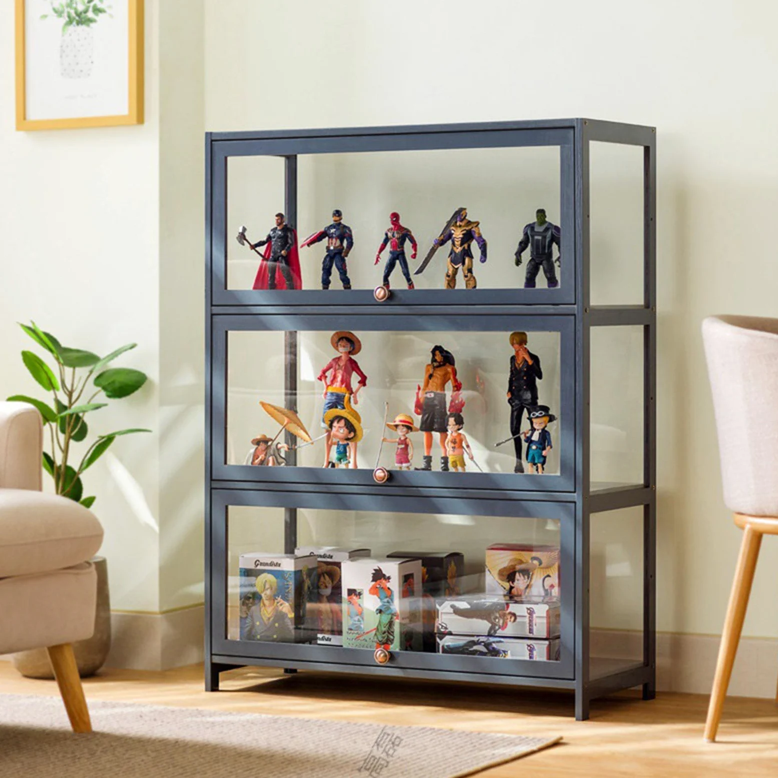 Vitrine de Collection, Vitrine de Collection Acrylique,Résistant à La Poussière, Cadre en Bambou Naturel, Idéal pour la Maison et Le Bureau (Black, 3-floors-70cm)