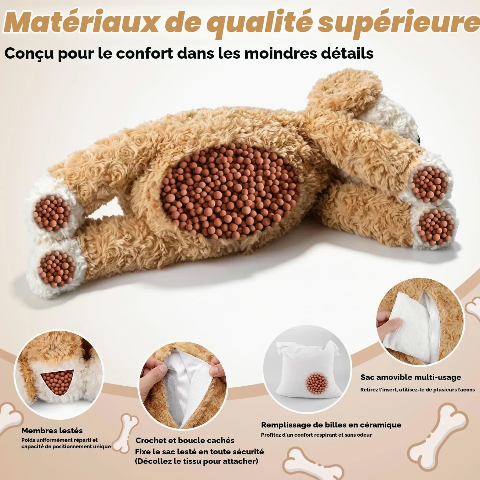 Bobbie & Laxi Oreiller en peluche lesté pour chien de 61 cm, 2 kg | Se pose debout ou à plat, les membres lestés offrent un soutien lombaire ; fausse fourrure douce pour bureau ou canapé