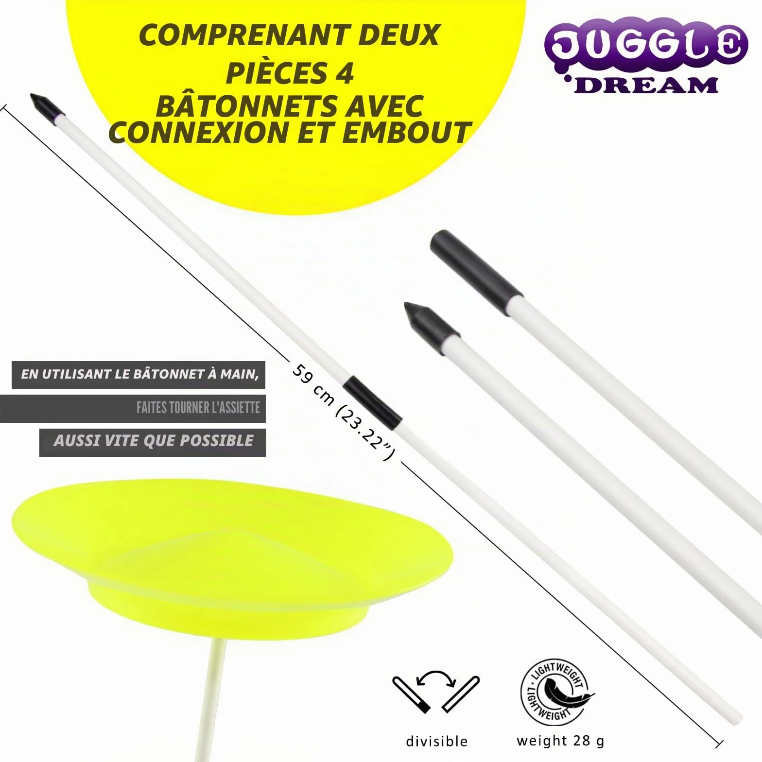 Juggle Dream Kit 4 Assiettes Chinoises 4 Bâtons Divisibles - Plat de Jonglage Chinois