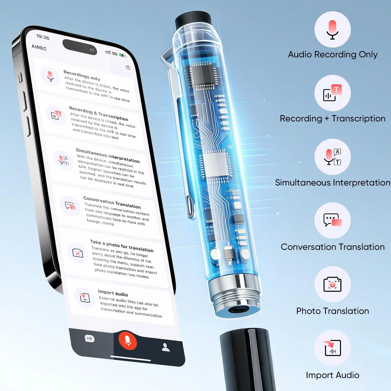 Stylo Enregistreur Vocal IA 64 Go, Transcription & Traduction en Temps Réel, Micro 360°, 10h Autonomie