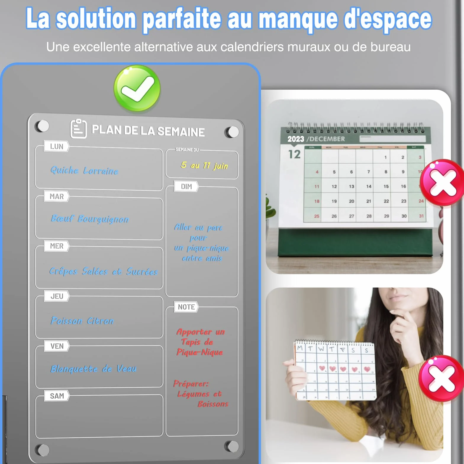 Lot de 2 Tableau Magnétique Frigo 30 x 20 cm Acrylique Planning Semaine Effaçable Transparent avec Marqueur à Craie Liquide 6 Couleurs