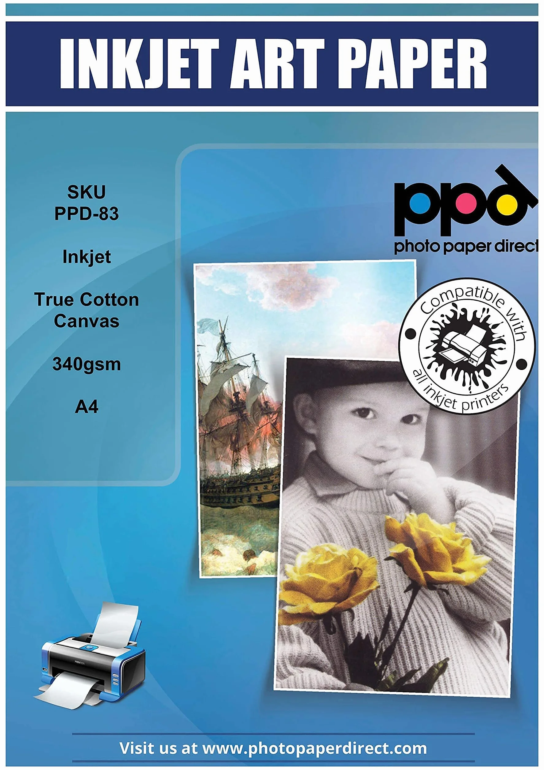 PPD 50 Feuilles A4 Toile Canevas Beaux-Arts Imprimable Jet d'Encre 100% Coton 340g Papier Photo Texturé
