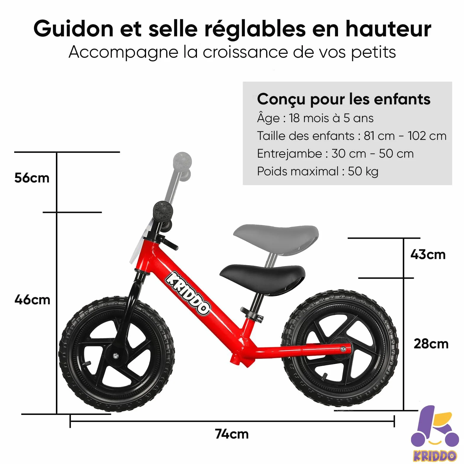 KRIDDO Draisienne 2 Ans, Vélo Bébé sans Pédales 12 Pouces avec Plaque Individuelle