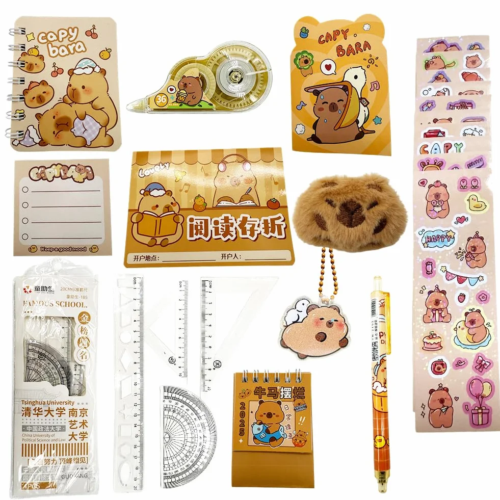 Capy-bara Kit de Papeterie Orange avec Ruban Correcteur, Stickers, Stylo, Bloc-Notes, Pendentif et Peluche
