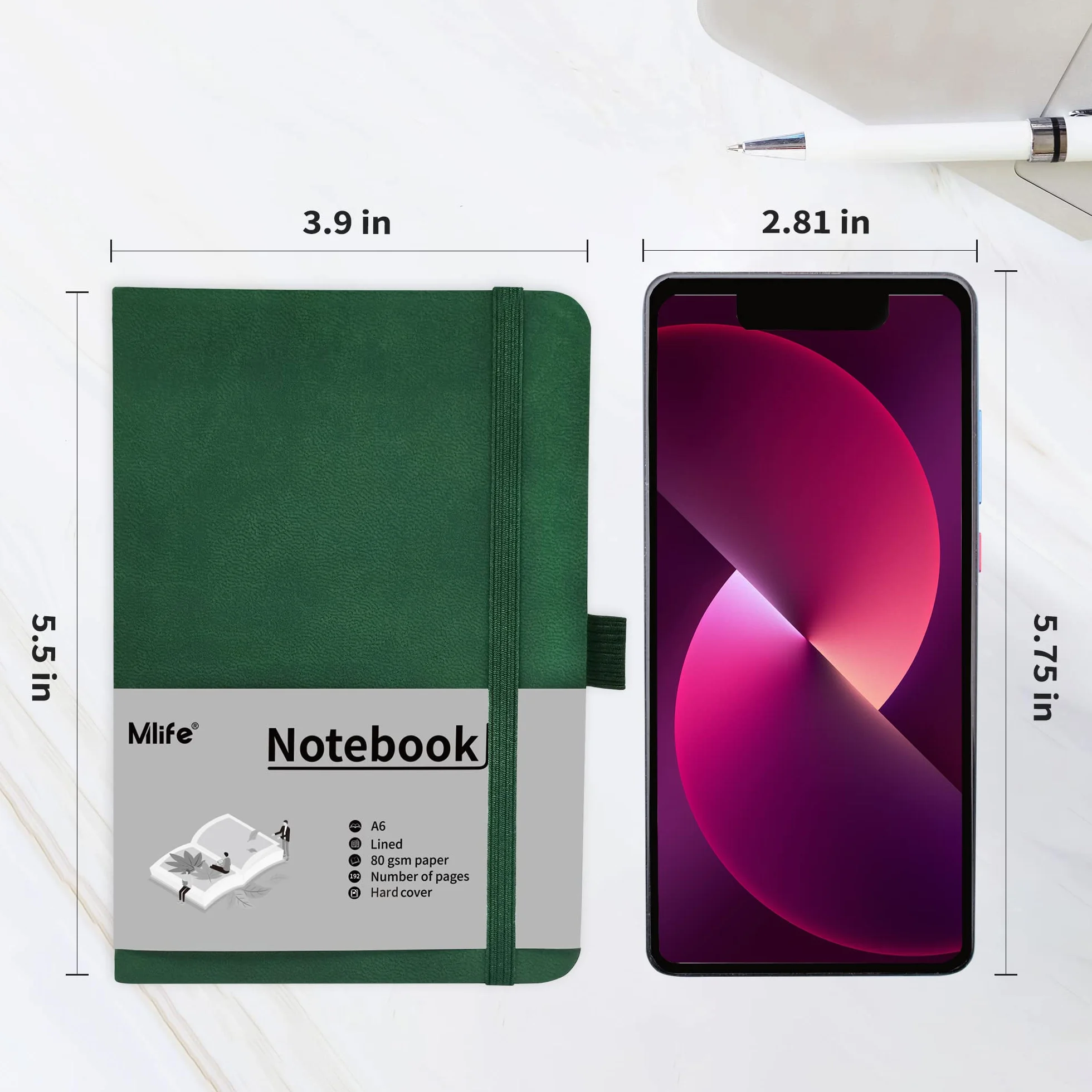 Mlife Carnet de notes A6 192 pages Couverture rigide Bande élastique Pochette pliable Vert