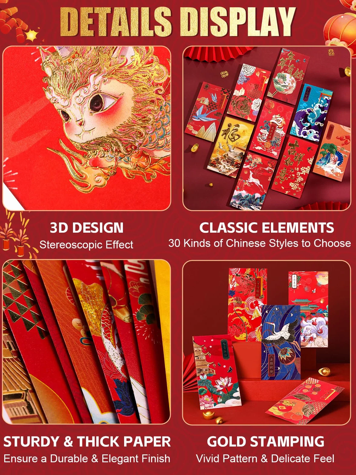 Lot de 60 enveloppes rouges porte-bonheur Hong Bao Nouvel An chinois motif bronze traditionnel