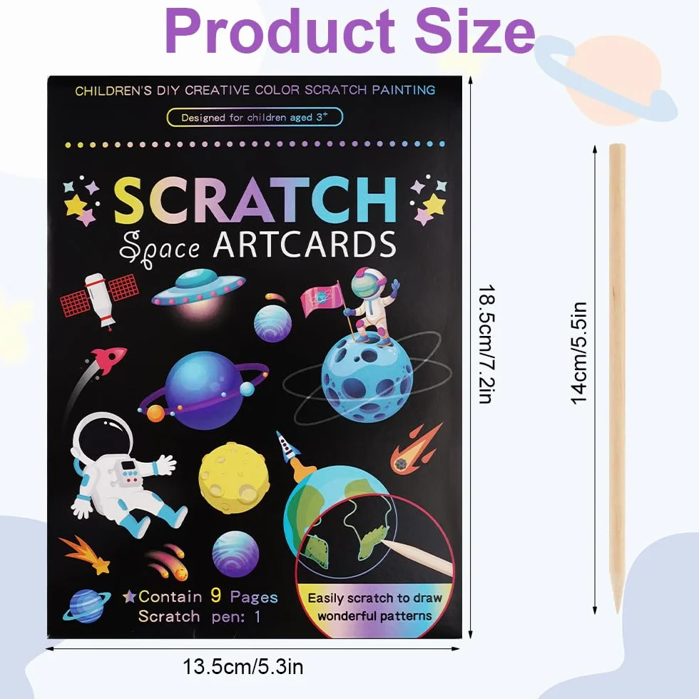 Scratch Art Kit Lot de 3 Carte a Gratter avec Stylets en Bois pour Enfants Adulte 18.5x13.5cm