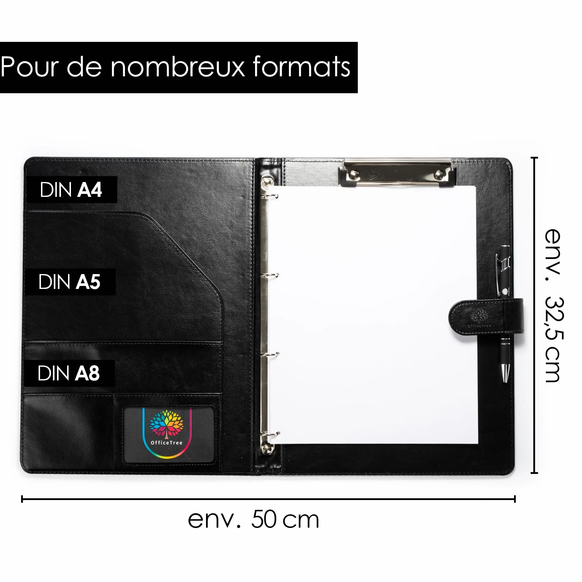OfficeTree Chemise Porte-bloc A4 Avec Couverture Noir Classeur à Anneaux Conférencier Bloc-notes Stylo-bille Inclus