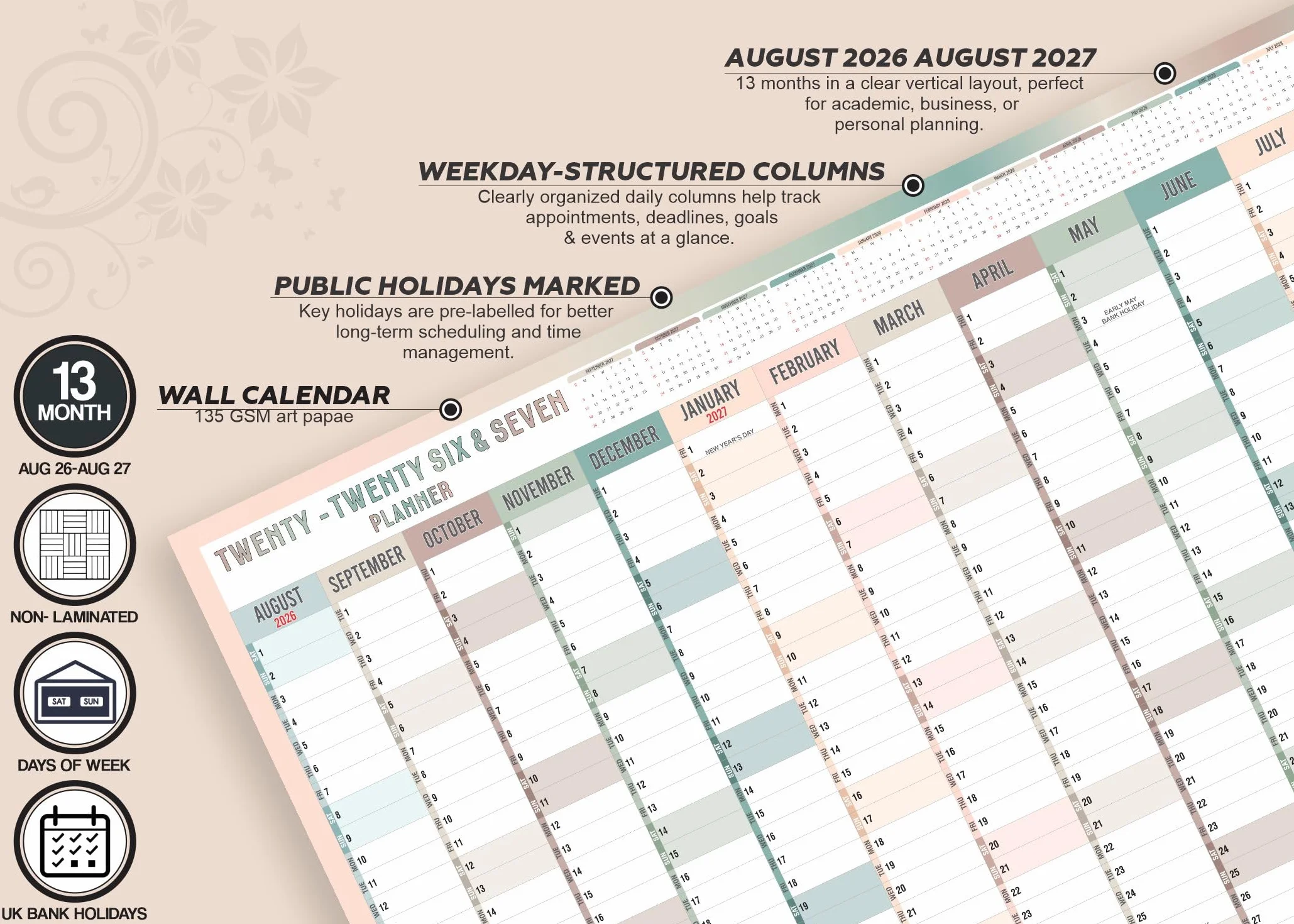 Agenda mural 2026-2027 A1 calendrier académique annuel grand planificateur août à août poster 59,4 x 84,1 cm