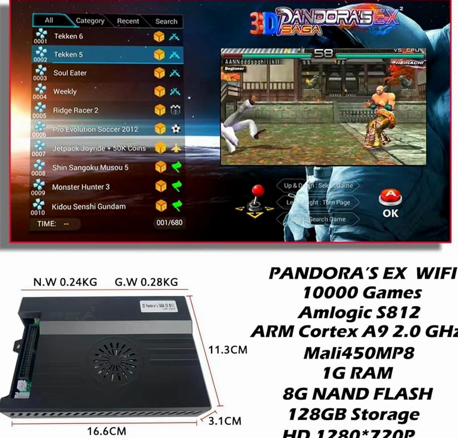 Box DX 10888 Console d'arcade rétro avec panneau lumineux RVB, joystick 8 voies et 16 boutons – Système de jeu HD 720p pour divertissement en famille (motif double poing)