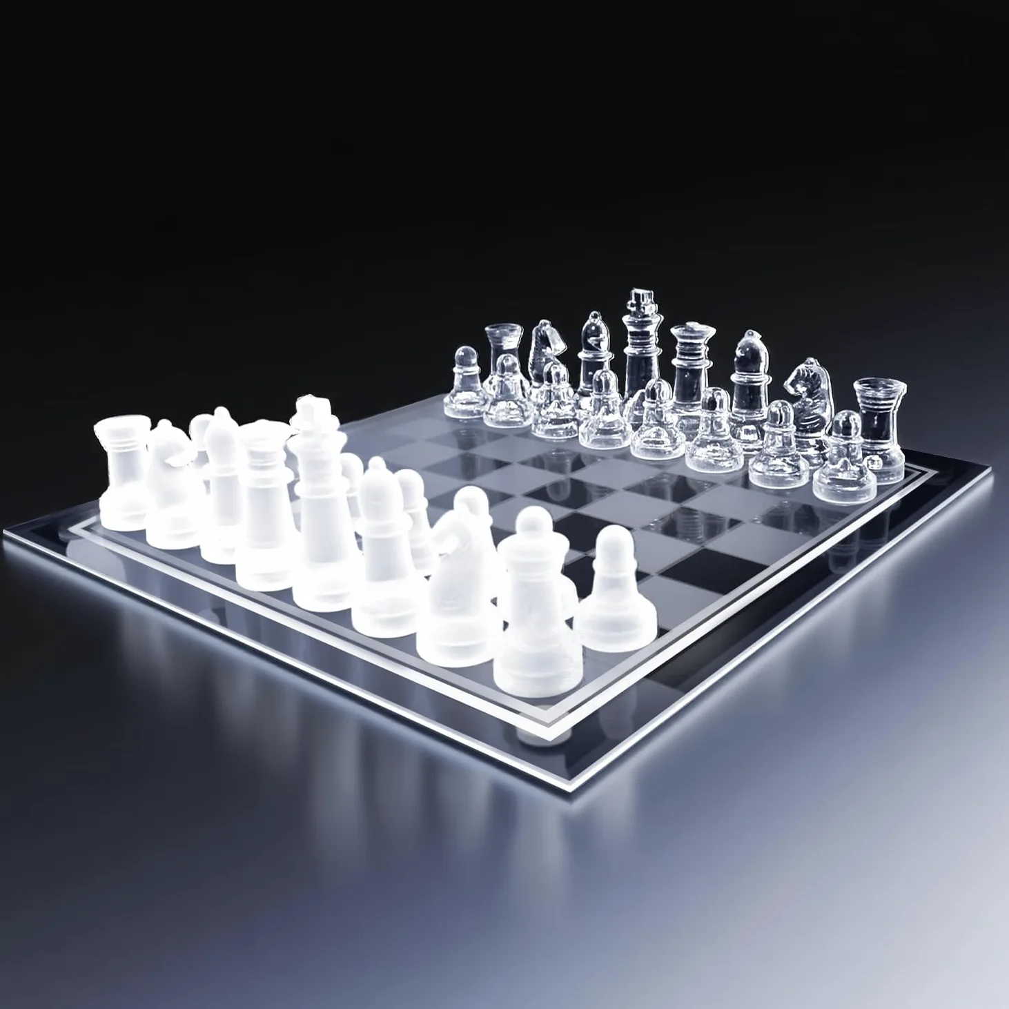 Jeu d'échecs en verre fin - Échecs en verre massif et échiquier miroir en cristal 25,4 x 25,4 cm - Cadeau pour adolescents et adultes - Noir