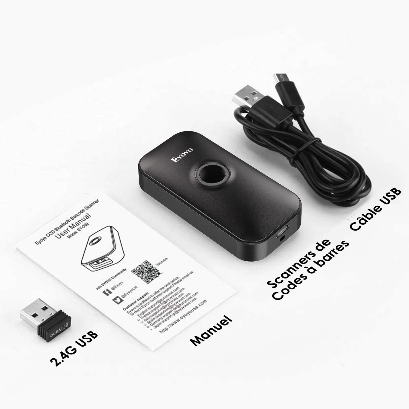Eyoyo 2D Bluetooth Barcode Scanner, Douchette Lecteur Code Barre sans Fil 1D QR pour iPhone iPad iOS Android PC