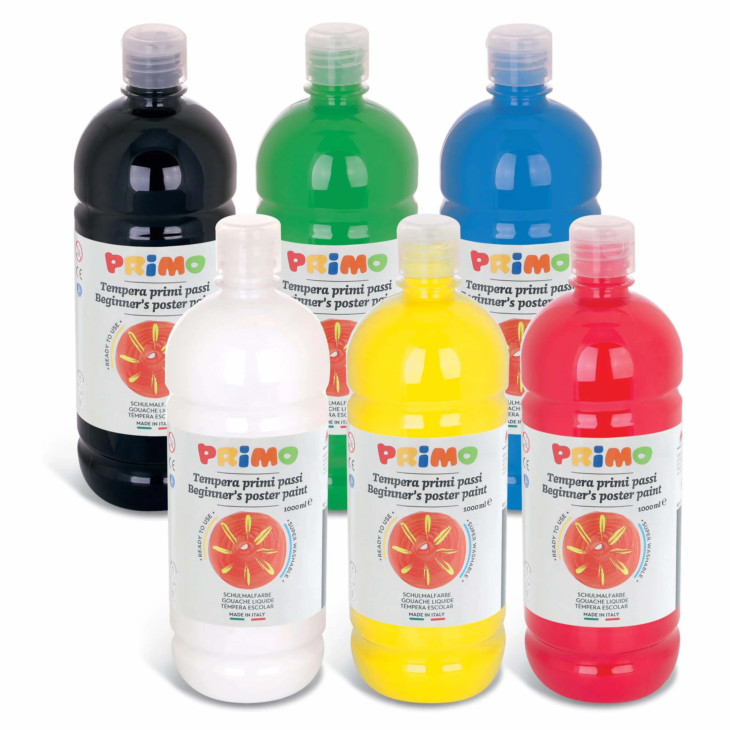 Gouache pour Enfant +3 Ans 6 Couleurs Tempera 1L avec Bouchon Doseur Peinture Papier Tissu Verre Loisirs Créatifs