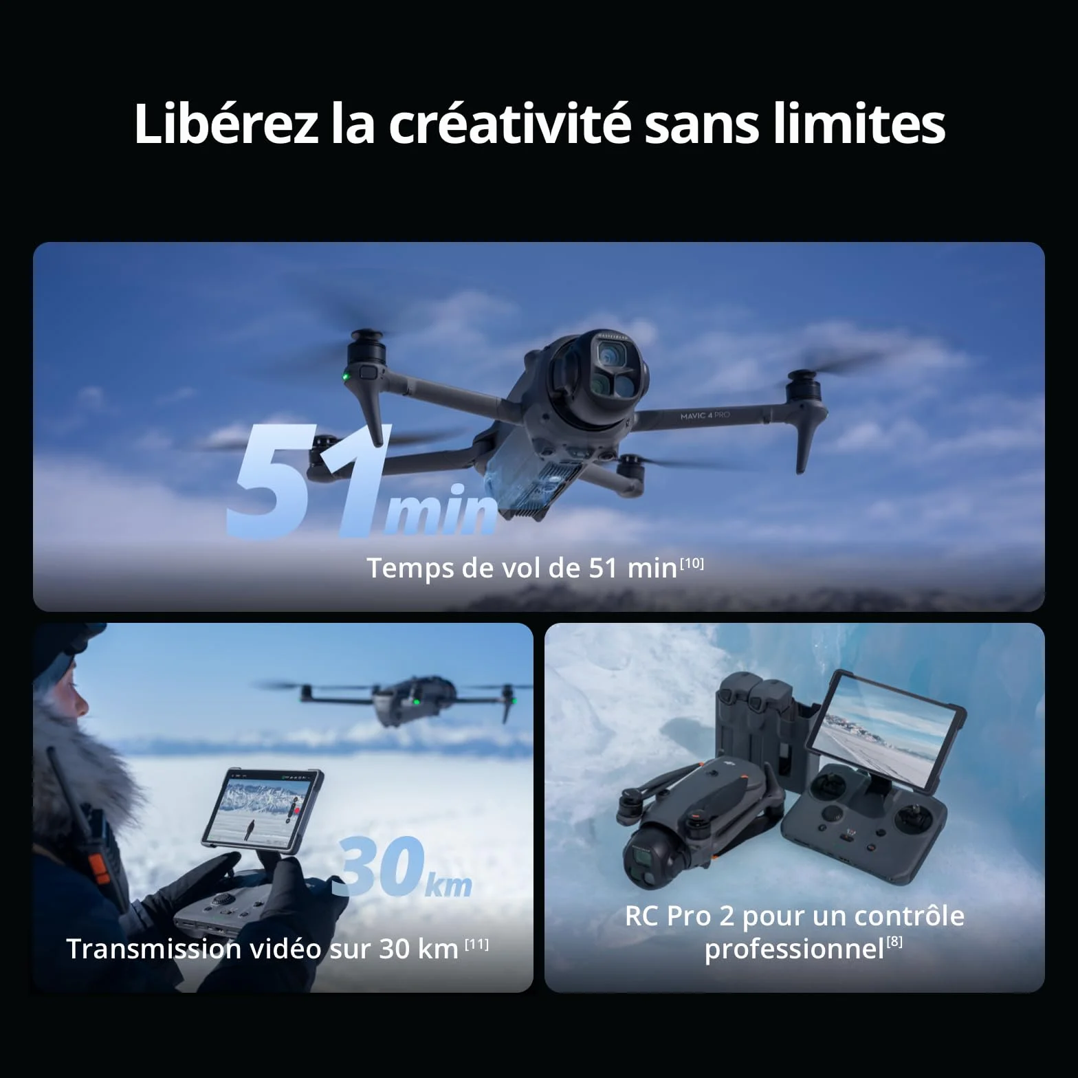 DJI Mavic 4 Pro Fly More Bundle avec RC 2, Drone Triple Caméra Hasselblad CMOS 4/3 100MP, Transmission 30km, Autonomie 51min
