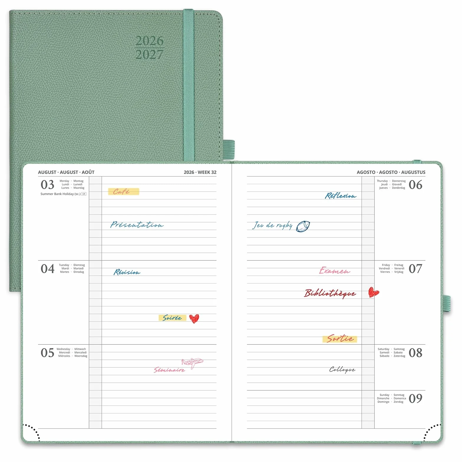 POPRUN Agenda 2026 2027 Semainier 22,5 x 16,5 cm Couverture Rigide Vert Militaire