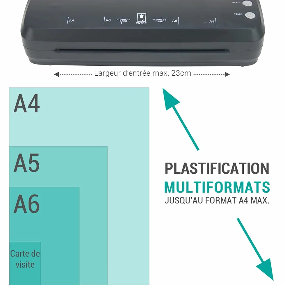 Plastifieuse A4 250 microns chauffe rapide vitesse 25 cm/min compatible pochettes A4/A5/A6 cartes levier anti-bourrage