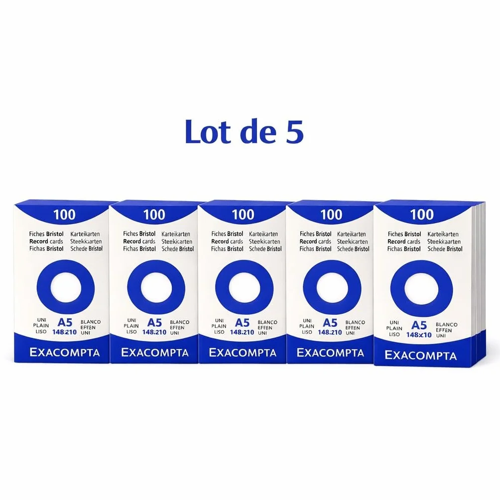 Exacompta Pack Bureau 5 Étuis 100 Fiches Bristol Unies Non Perforées 148 x 210 mm Compatibles Imprimante Jet d'Encre Laser Photocopieur Blanc