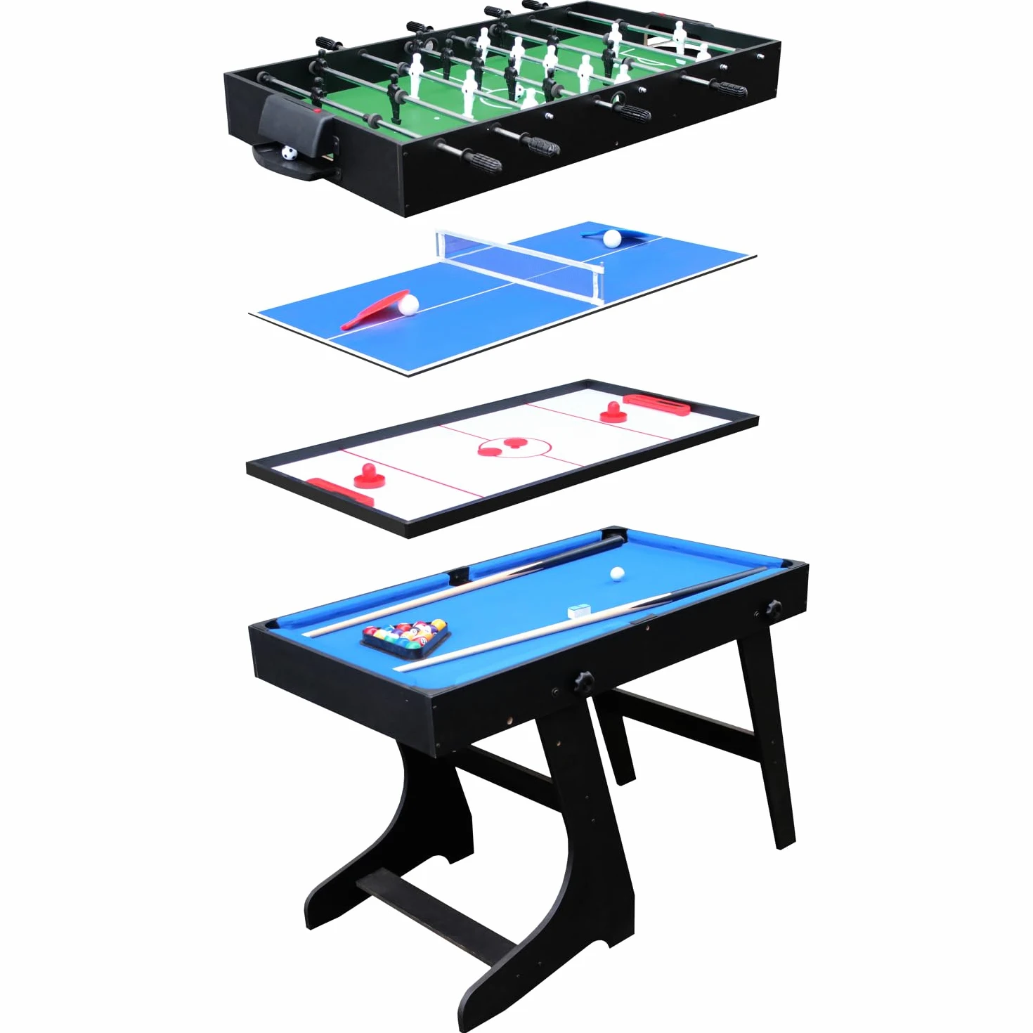 Table Multi-Jeux 4 en 1, Billard, Baby-Foot, Hockey et Tennis de Table, Meuble de Jeux Pliable avec Rangement Vertical, Idéale pour Enfants et Famille