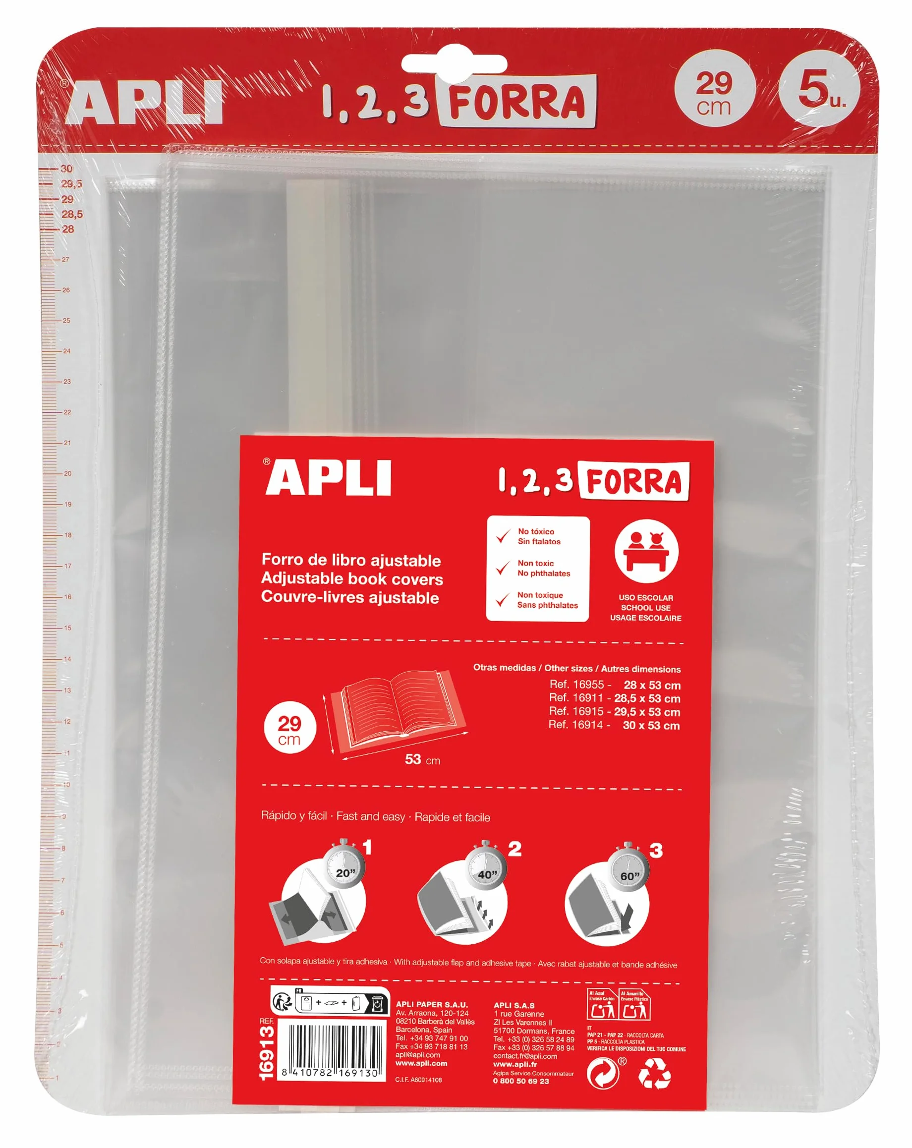 Apli Housse de livre avec rabat réglable en polypropylène 29 x 53 cm 75 μ Lot de 5