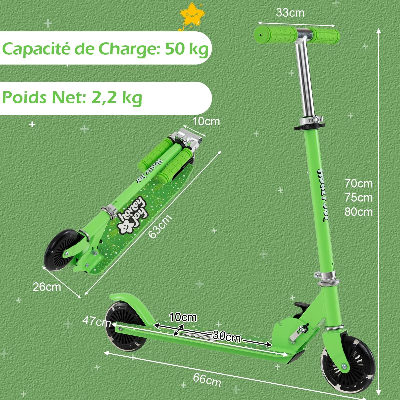 COSTWAY Trottinette Enfant Pliable avec Roulements ABEC-5 & 3 Hauteurs Réglables, Trottinette Pro Enfants avec 2 Roues de 120mm, Pont Elargi, Charge 50kg pour Enfants de 3 Ans+