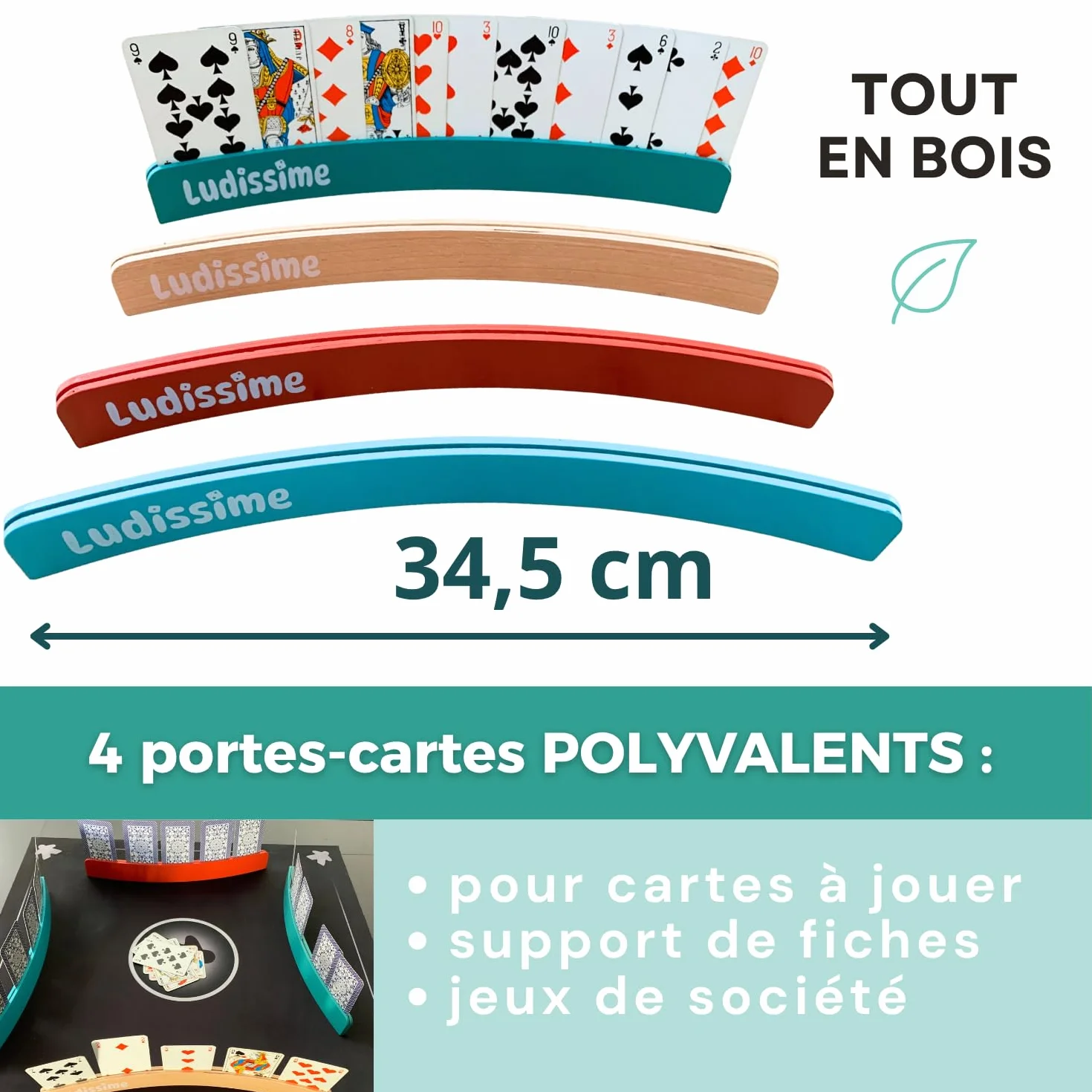 Porte cartes à jouer en bois 34 cm Lot de 4 - Accessoire belote tarot mains libres