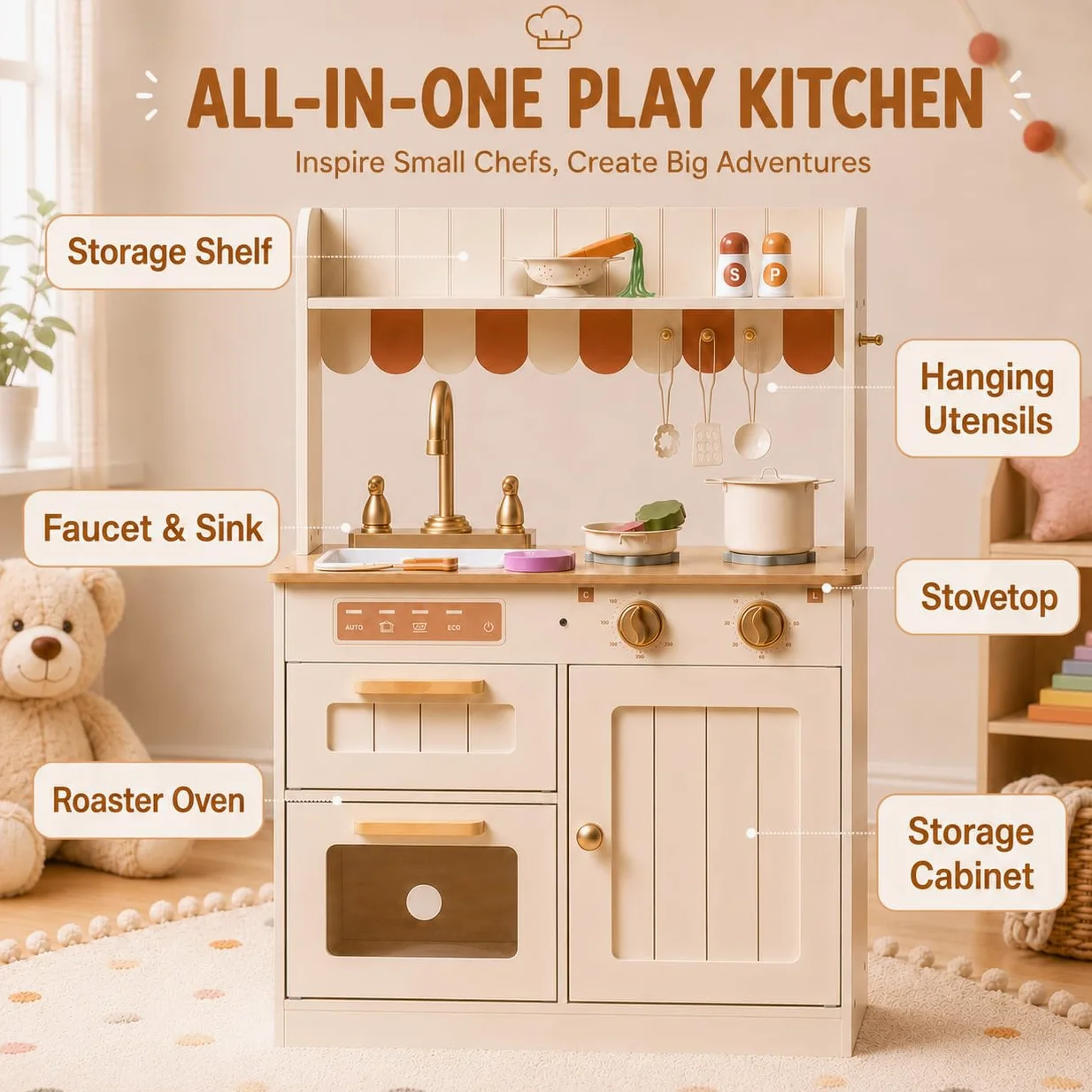 ROBUD Cuisine de Jeu en Bois pour Enfants, avec Vaisselle, casseroles, saladier et légumes – Convient aux Enfants à partir de 3 Ans