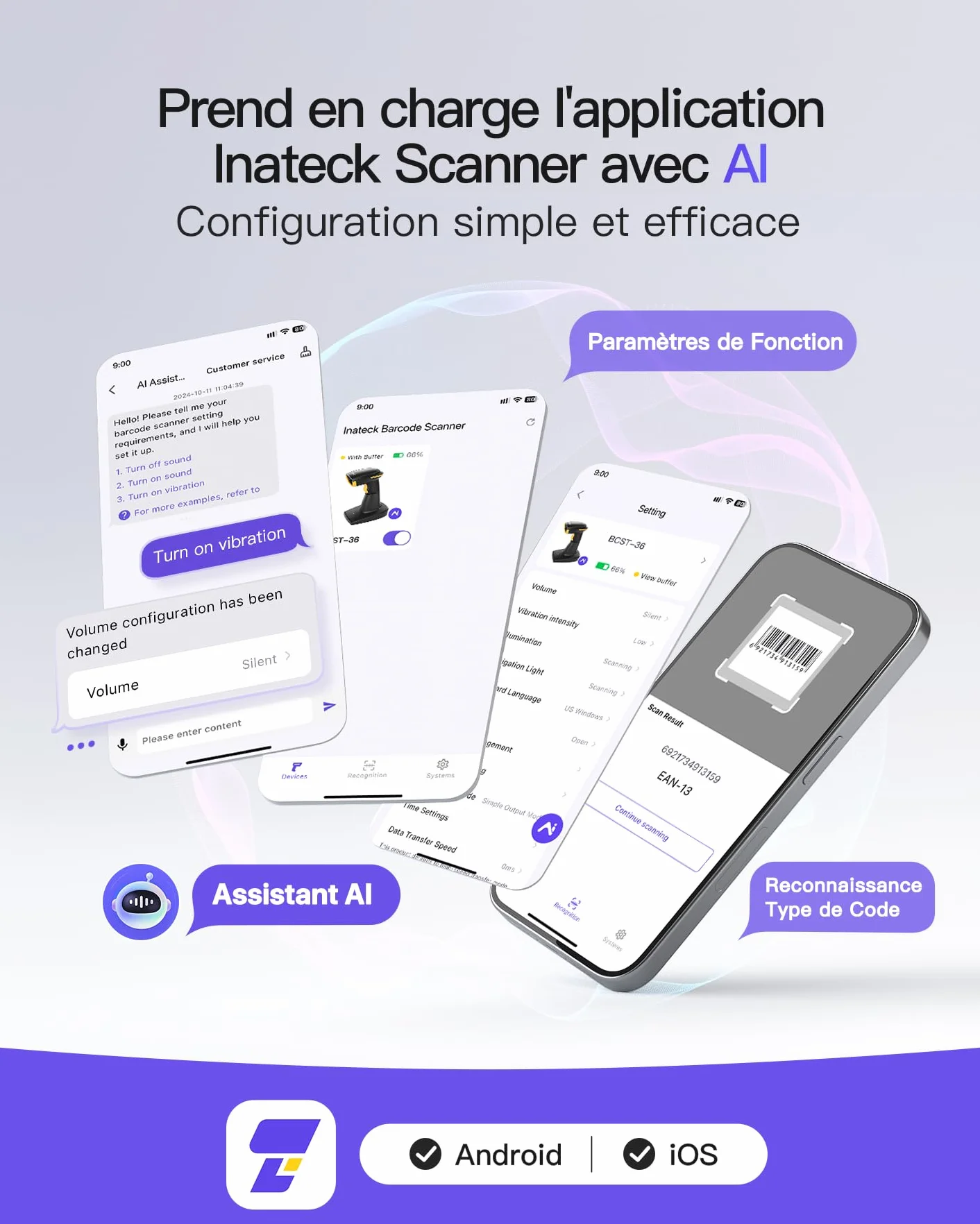 Inateck Scanner de Codes-Barres Bluetooth 2D sans Fil, QR Code 2D avec Batterie 2600 mAh et Base de Charge, BCST-36