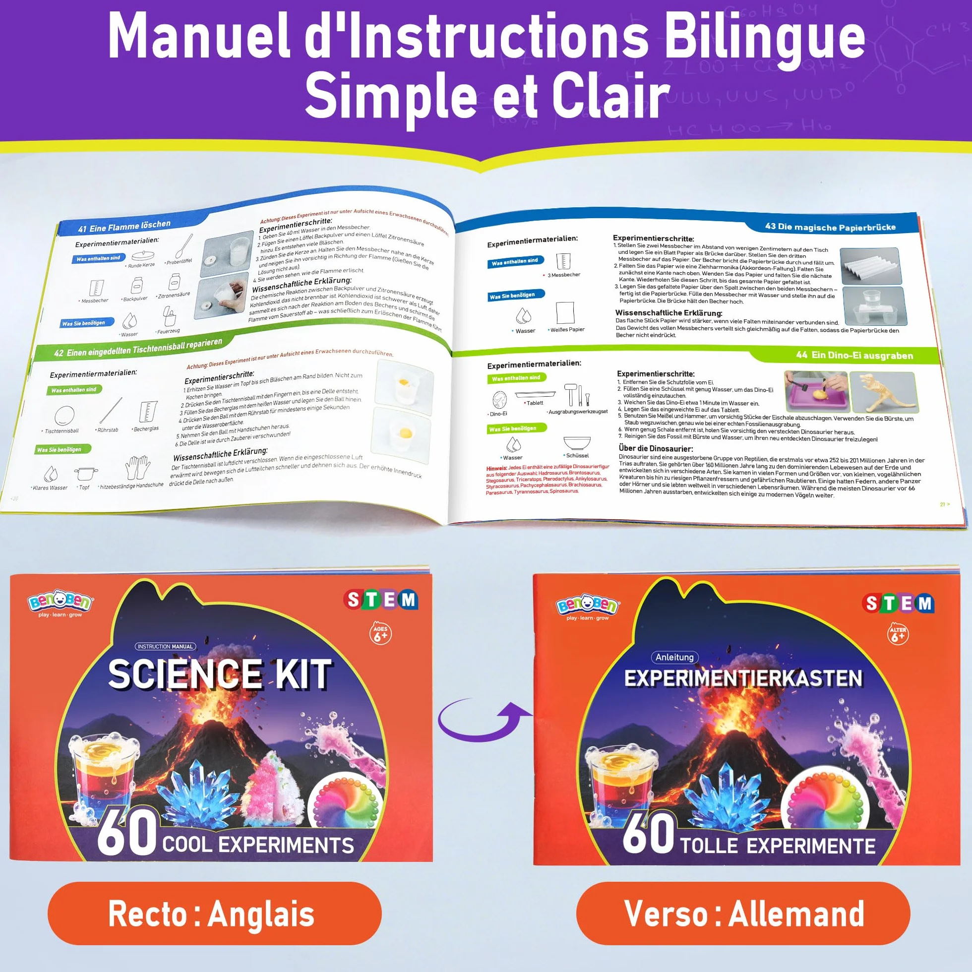 BenBen 60+ Expériences Scientifiques pour Enfants, Laboratoire de Chimie, Jeux éducatifs Cadeau pour Garçons Filles 6-10 Ans