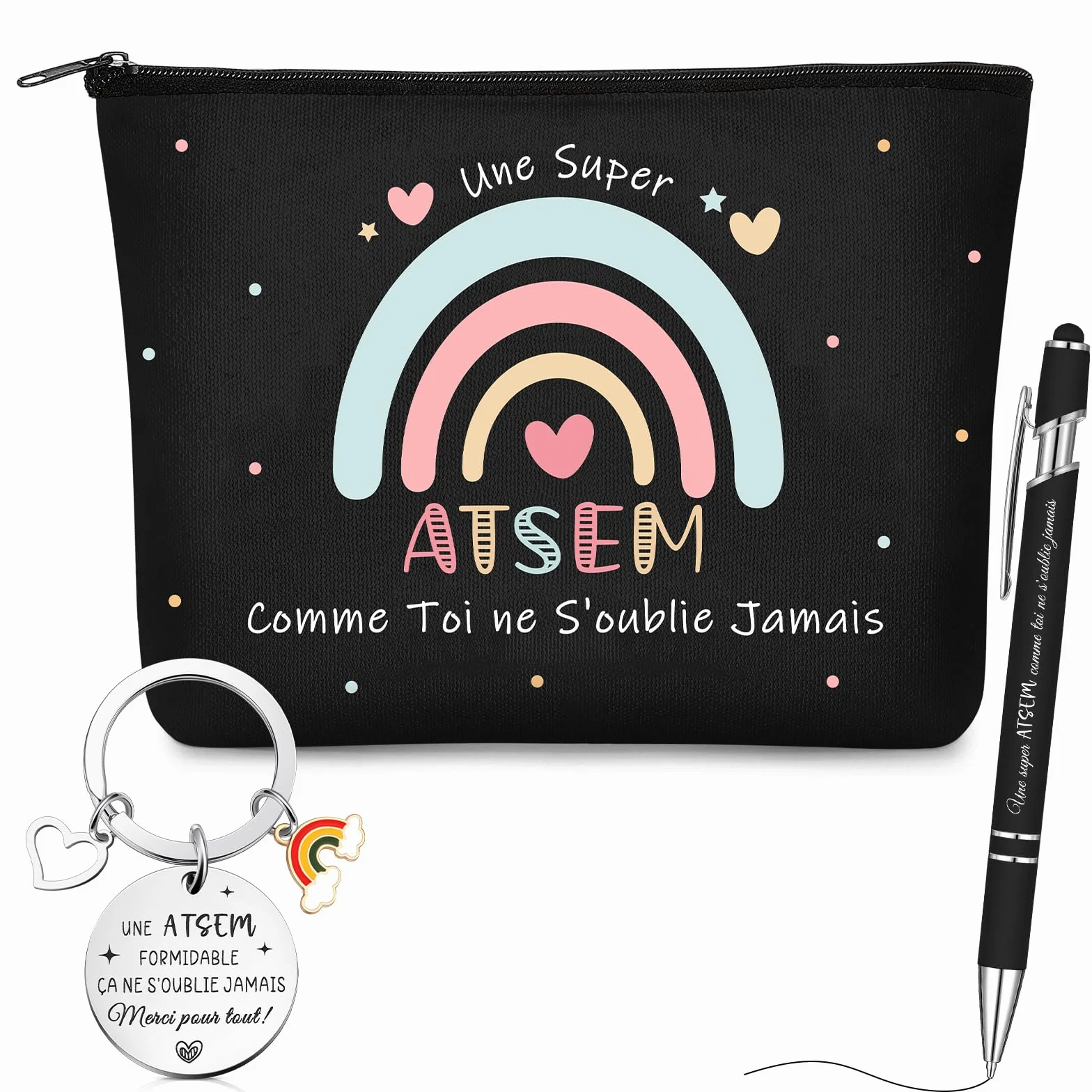 Coffret Cadeau ATSEM 3 Pièces Trousse de Maquillage Porte-Clés Stylo à Bille