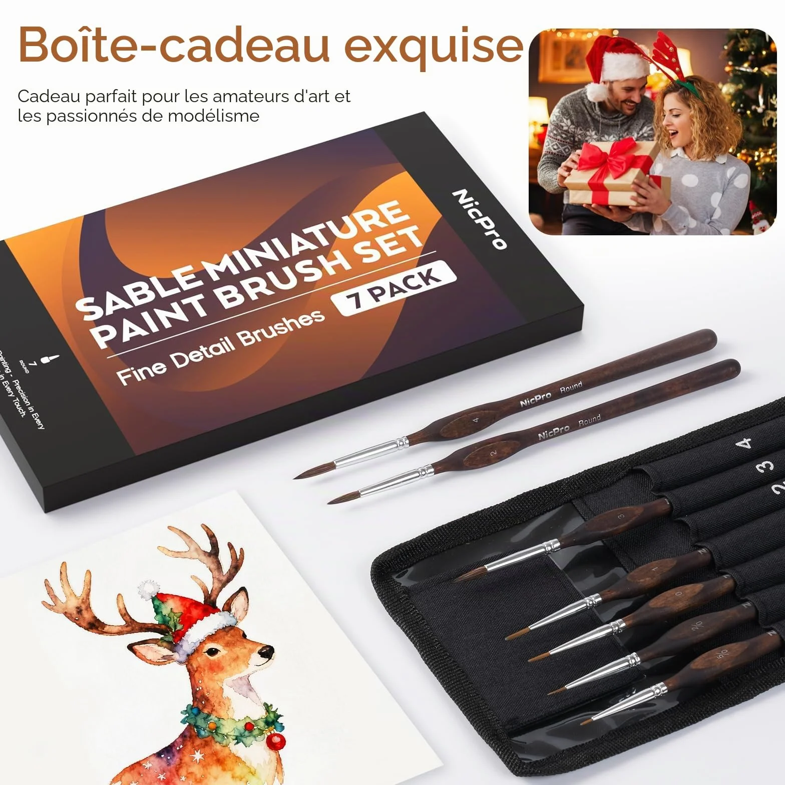Nicpro 7 Pinceaux Miniatures Poils de Martre Kolinsky, Pinceaux Peinture Professionnels Pointe Ronde avec Étui Tissu pour Acrylique Figurines Modélisme