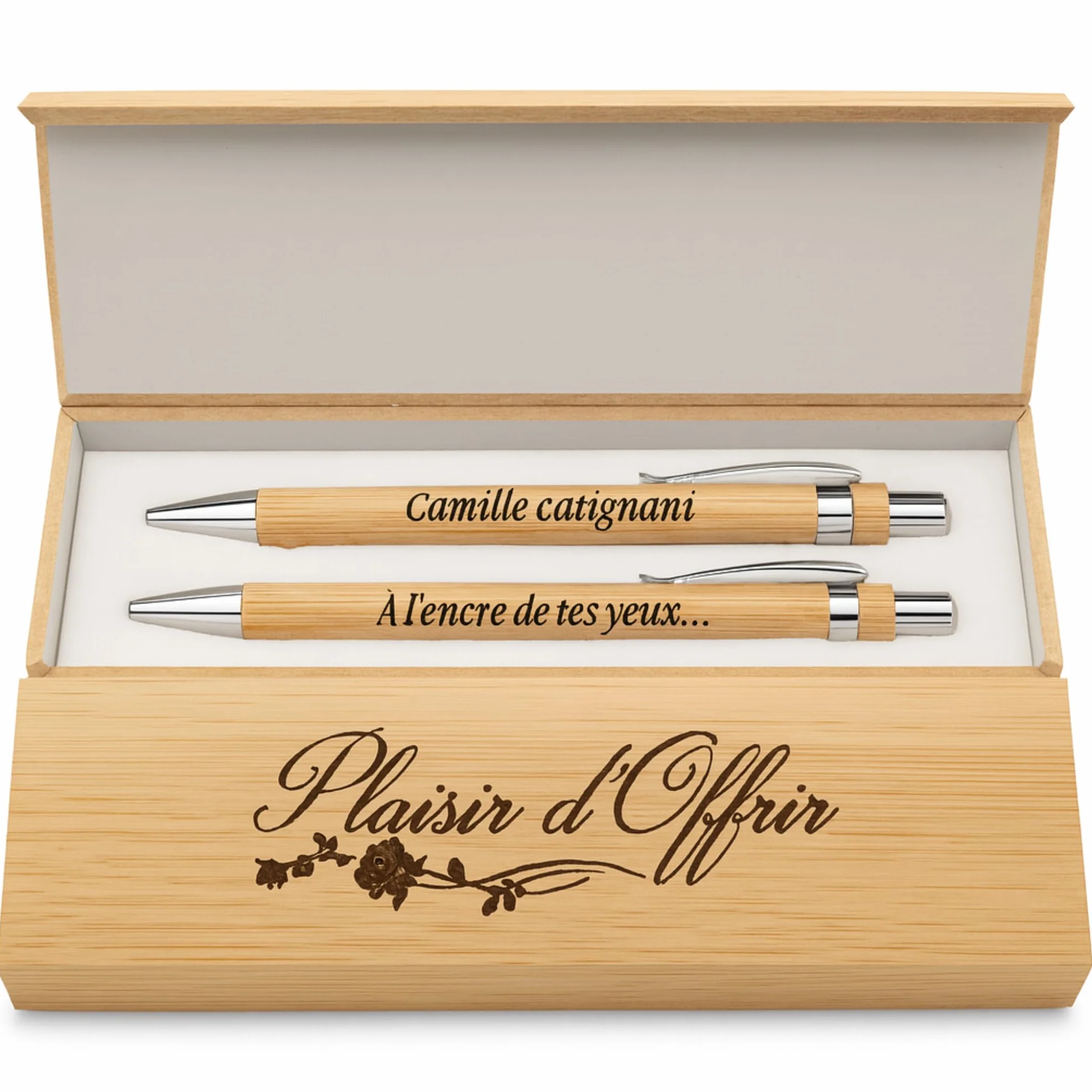 Stylos Personnalisés Bois Gravé avec Coffret Cadeau – Cadeau Couple Anniversaire Saint-Valentin